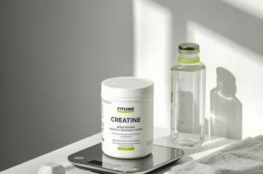 Beginner-friendly creatine monohydrate supplement beside a water bottle and simple strength-training equipment