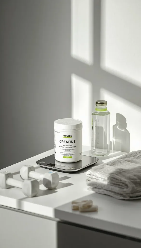 Beginner-friendly creatine monohydrate supplement beside a water bottle and simple strength-training equipment
