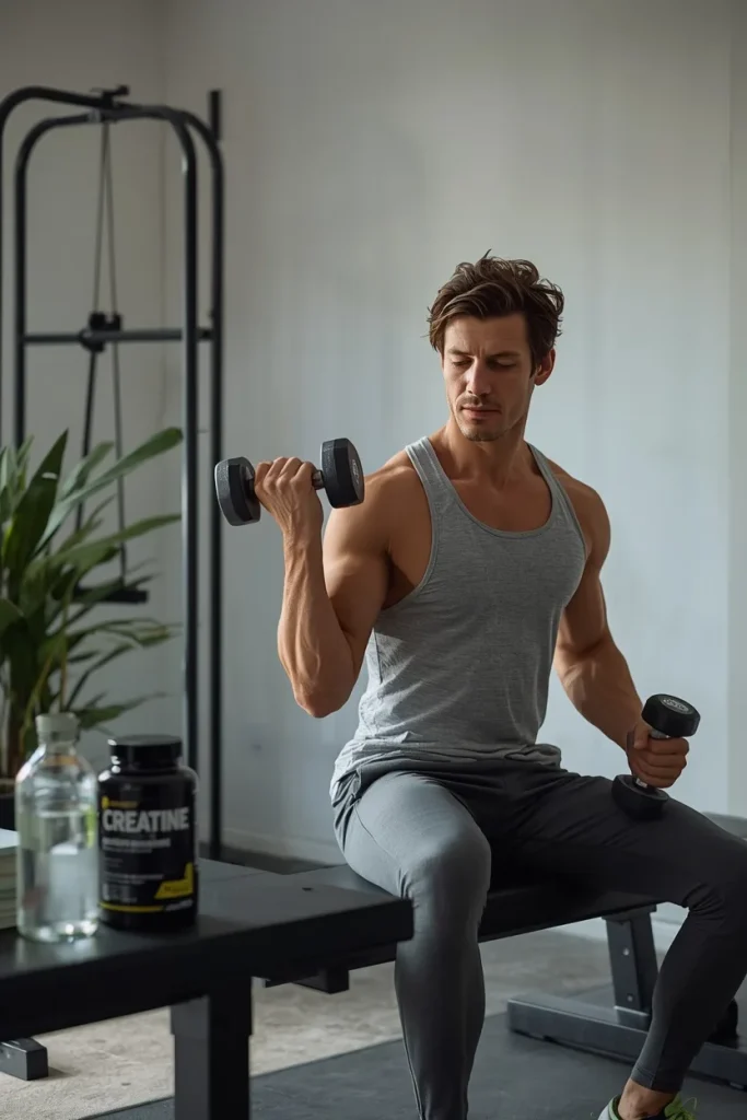 Beginner performing a controlled dumbbell strength workout with creatine supplement nearby