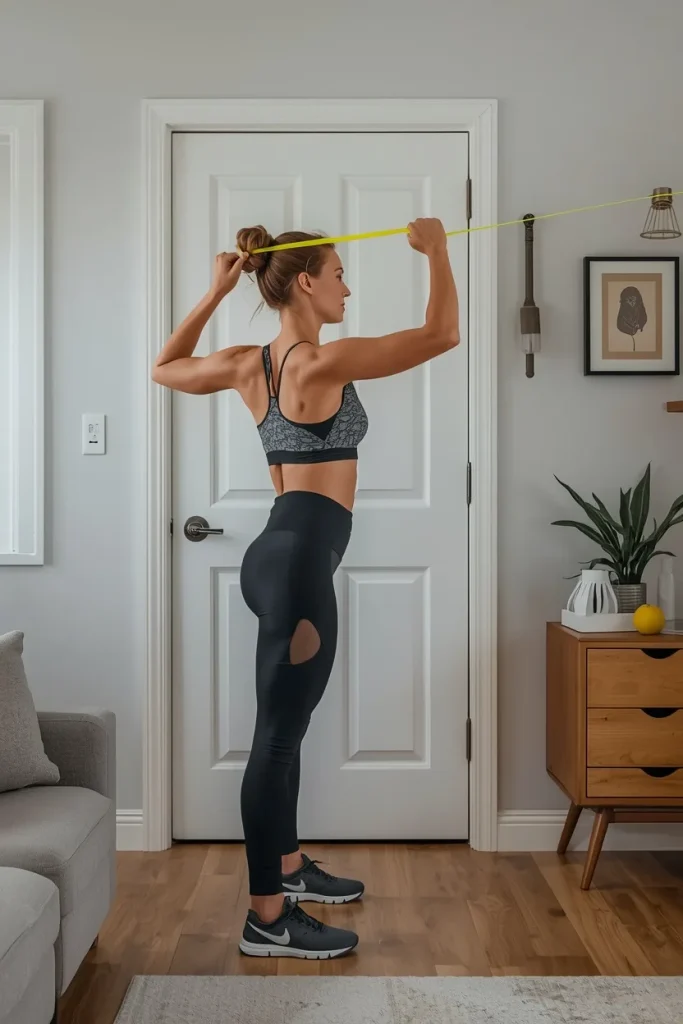resistance band workouts at home: Body map diagram highlighting the six major muscle groups trained with resistance bands legsglutes, chest, back, shoulders, arms, and core.