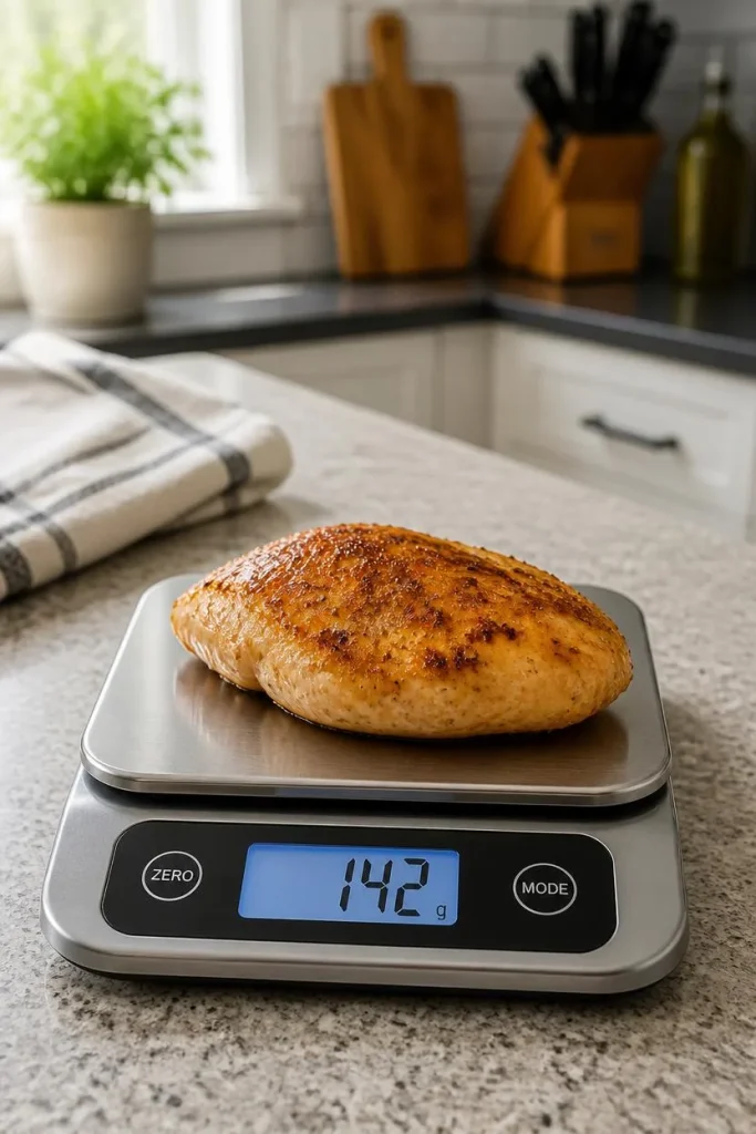 Cooked chicken breast being weighed on a digital kitchen scale to track protein intake accurately.