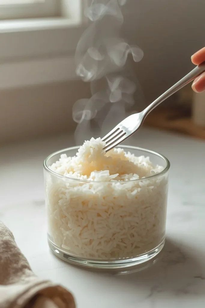 Cooked rice being fluffed with a fork in a shallow glass container to separate the grains before storage.