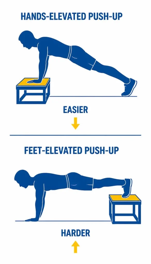 Diagram comparing an easier hands-elevated push-up to a harder feet-elevated push-up to illustrate leverage-based progression.