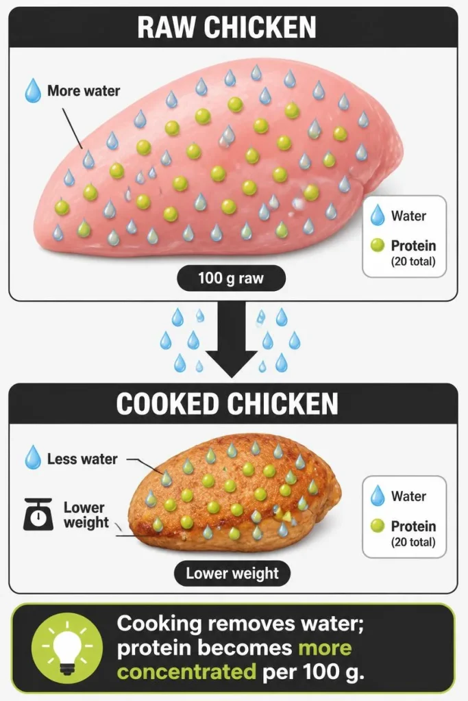 Diagram illustrating how water loss during cooking concentrates protein within a smaller, lighter portion of food.
