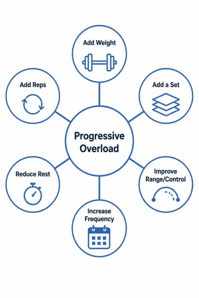 Diagram showing six ways to apply progressive overload add weight, add reps, add a set, reduce rest, improve range of motion, and increase frequency.