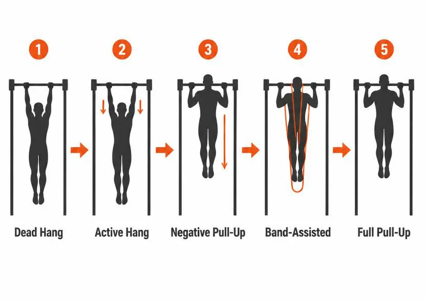 Five-step pull-up progression showing dead hang, active hang, negative pull-up, band-assisted pull-up, and full pull-up.