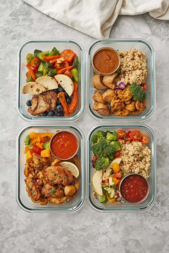 Four days of refrigerated meal prep stored in airtight containers