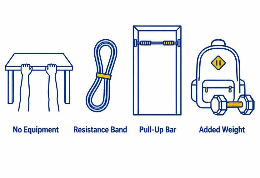 FouHow to Train Your Back at Home back-training equipment options no equipment, resistance band, pull-up bar, and added weight.