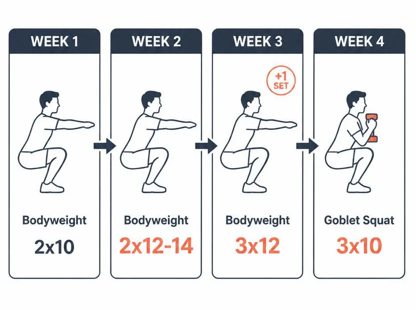 Four-week progression diagram showing a bodyweight squat gradually advancing to a loaded goblet squat.