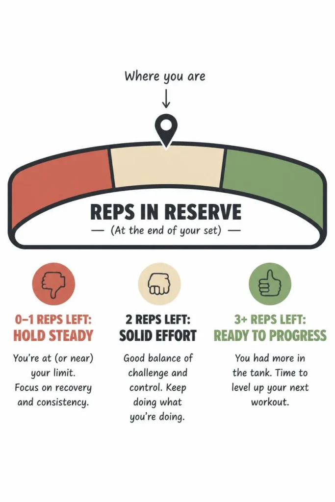 Gauge diagram illustrating reps-in-reserve zones used to judge when to progress a strength exercise.