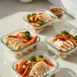 Glass meal-prep containers filled with juicy grilled chicken, fluffy rice, and roasted vegetables on a kitchen countertop.