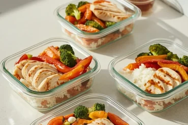 Glass meal-prep containers filled with juicy grilled chicken, fluffy rice, and roasted vegetables on a kitchen countertop.