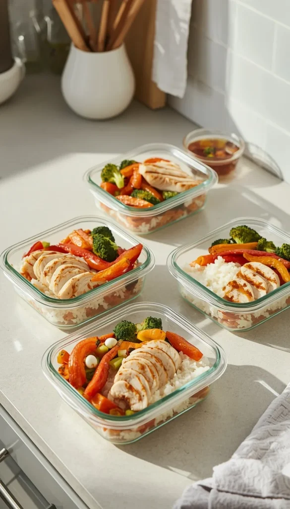 Glass meal-prep containers filled with juicy grilled chicken, fluffy rice, and roasted vegetables on a kitchen countertop.