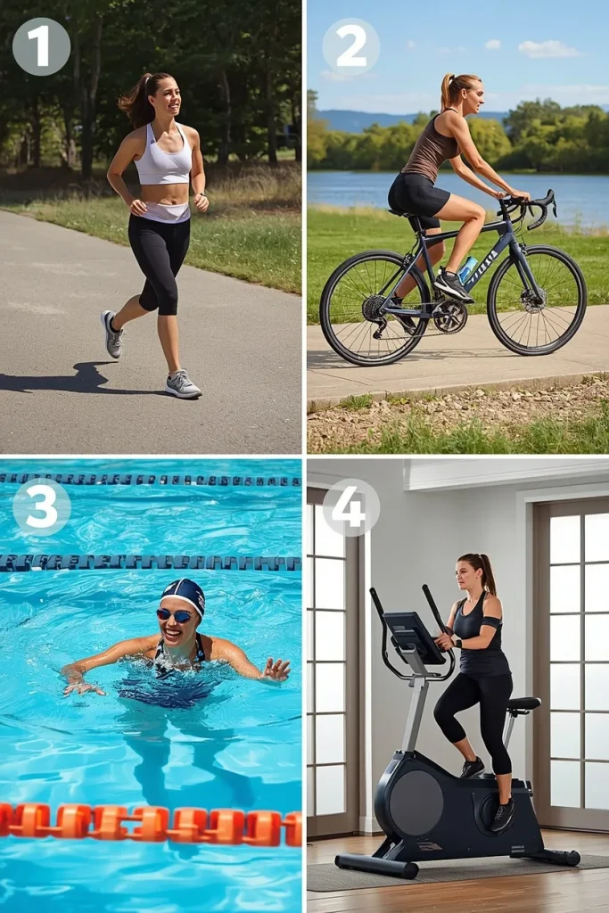 Grid of beginner-friendly Zone 2 cardio activities walking, cycling, swimming, and elliptical.