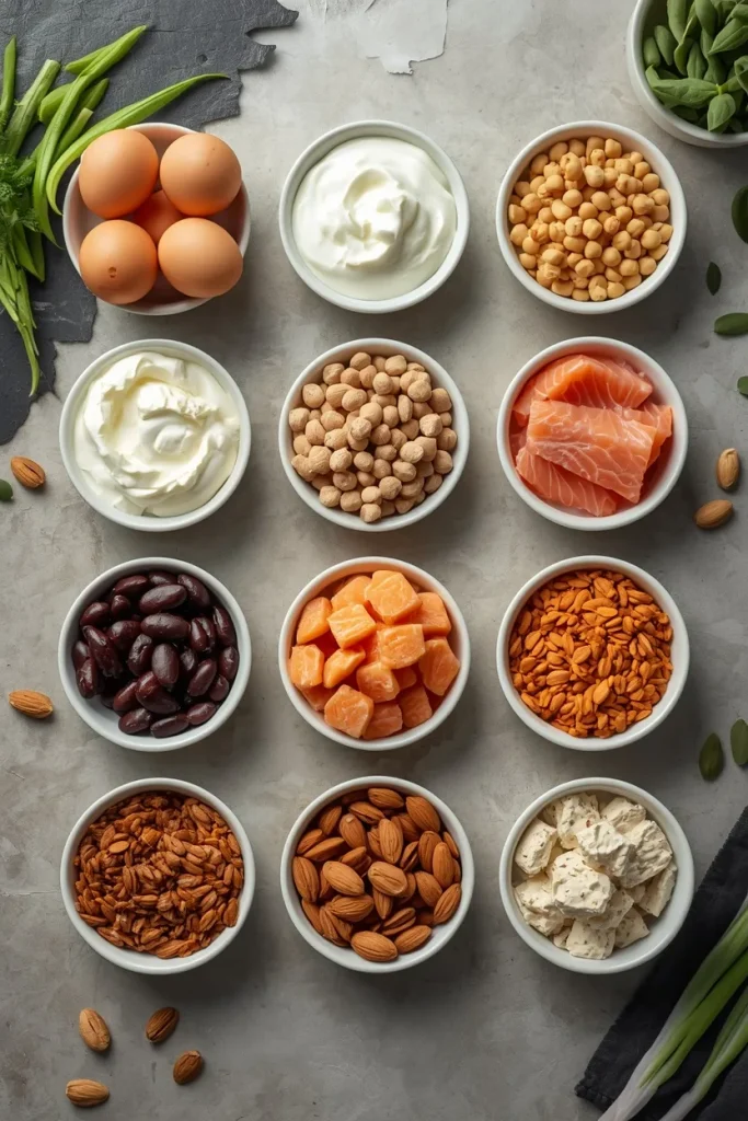 High-protein foods including eggs, Greek yogurt, cottage cheese, salmon, chicken, lentils, beans, tofu, edamame, almonds and pumpkin seeds