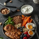 High-protein meal with chicken, lentils, Greek yogurt, eggs, quinoa, vegetables, berries and nuts