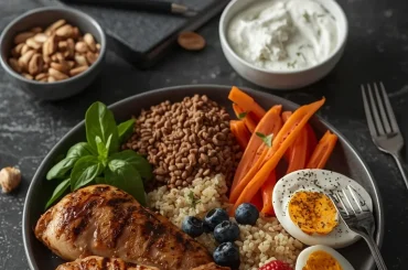High-protein meal with chicken, lentils, Greek yogurt, eggs, quinoa, vegetables, berries and nuts