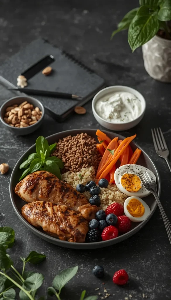 High-protein meal with chicken, lentils, Greek yogurt, eggs, quinoa, vegetables, berries and nuts