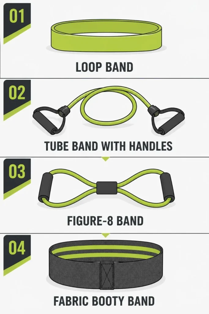 Icon row showing four resistance band types loop band, tube band with handles, figure-8 band, and fabric booty band.