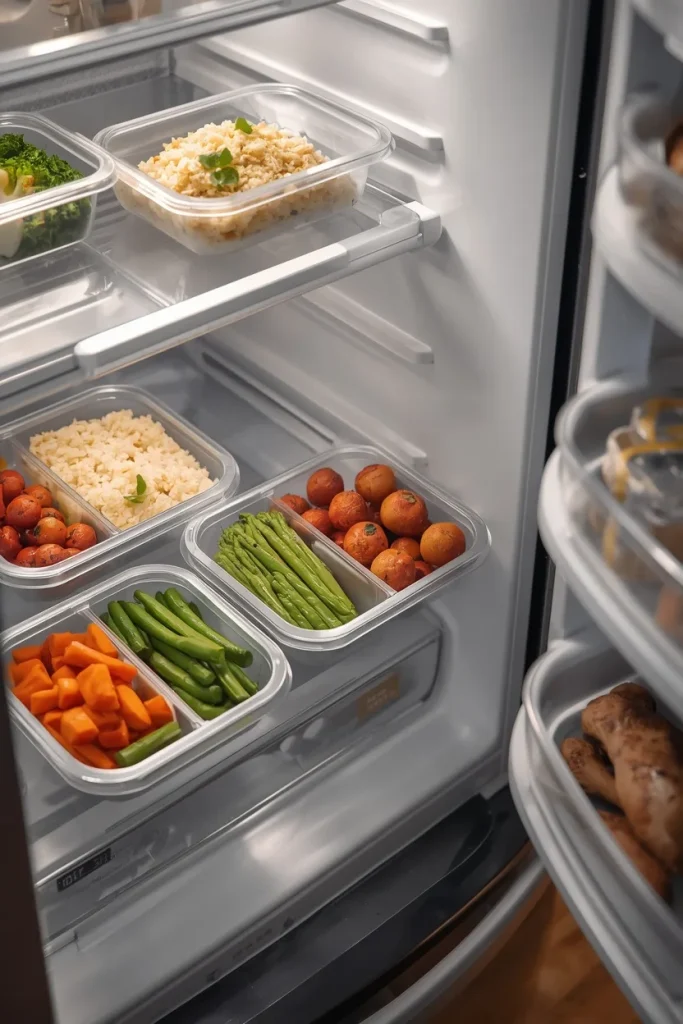 Meal prep divided into shallow containers for safe refrigerator storage