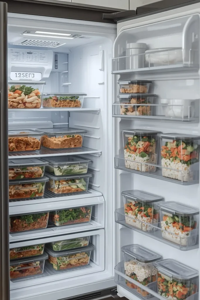 Meal prep stored safely in refrigerator and freezer for later use