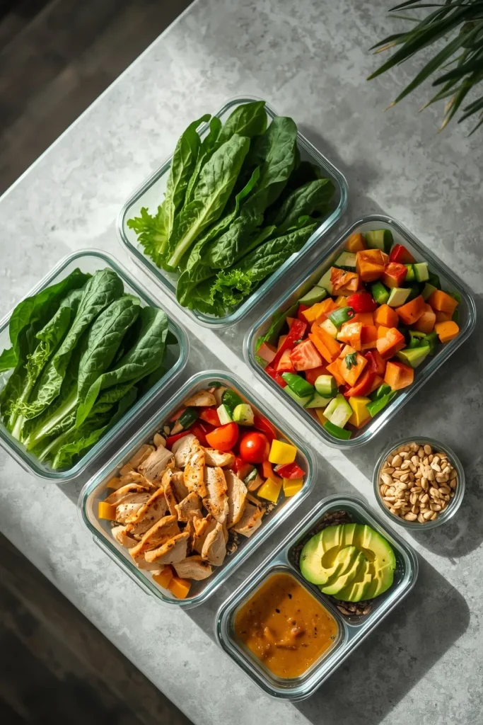 Meal-prepped salad ingredients stored separately to keep greens fresh