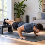 Person performing a feet-elevated push-up at home as a leverage-based bodyweight progression