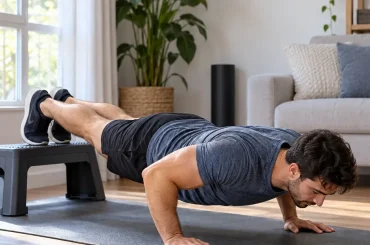 Person performing a feet-elevated push-up at home as a leverage-based bodyweight progression
