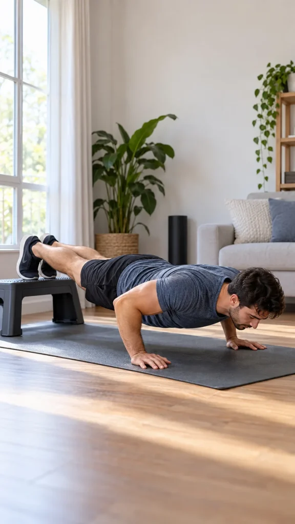 Person performing a feet-elevated push-up at home as a leverage-based bodyweight progression