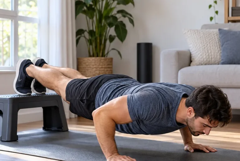 Person performing a feet-elevated push-up at home as a leverage-based bodyweight progression