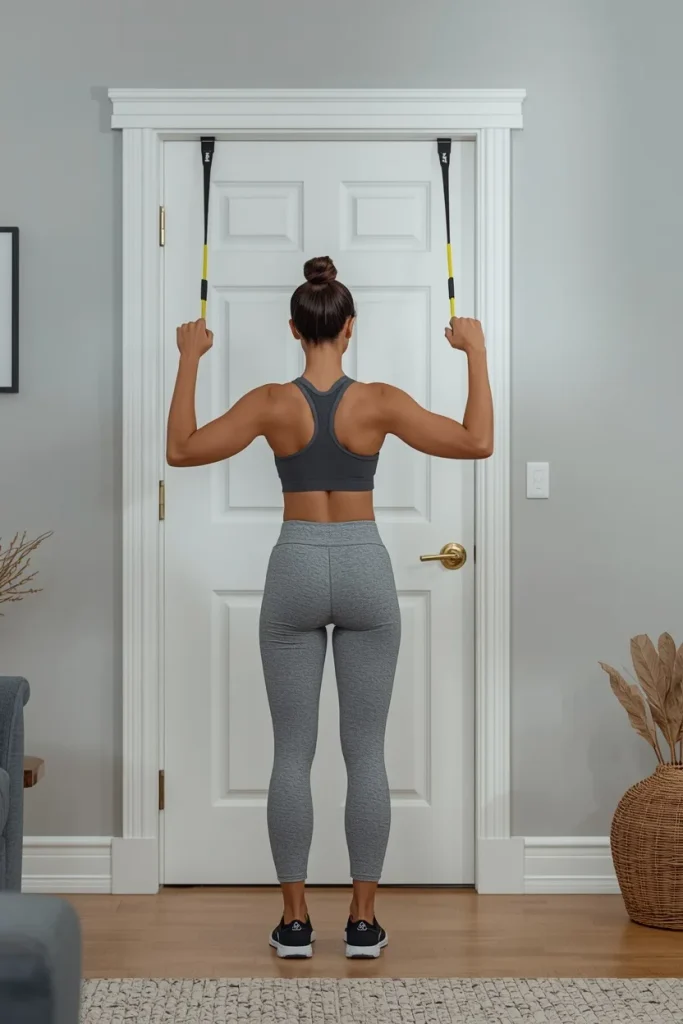 Person performing a standing resistance band row anchored to a door, targeting the back muscles.