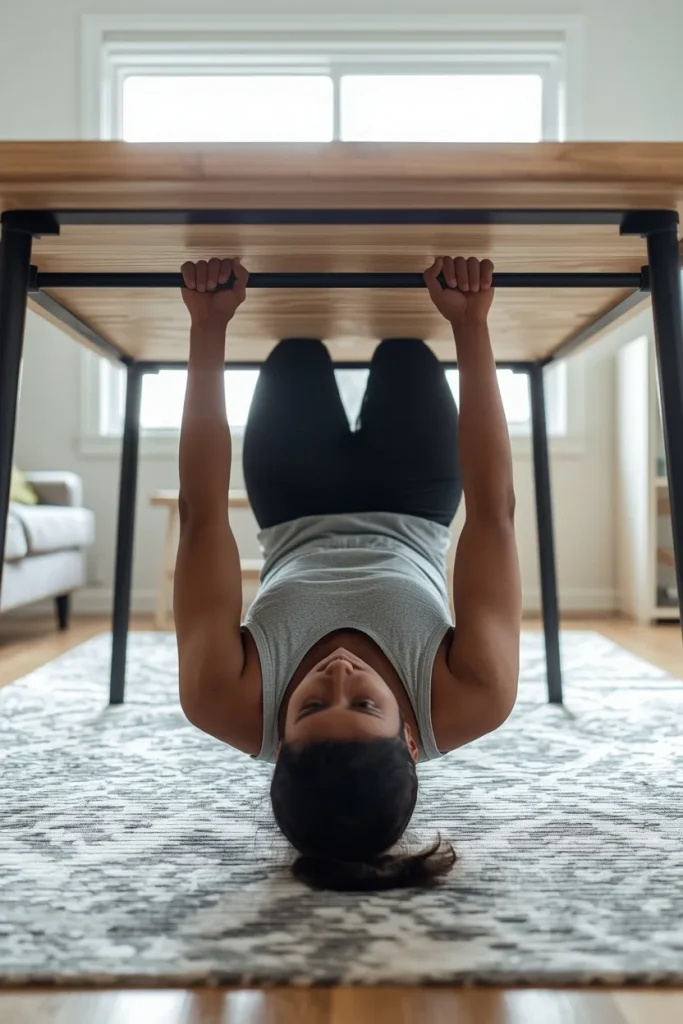 Person performing a table inverted row at home as a bodyweight back exercise.