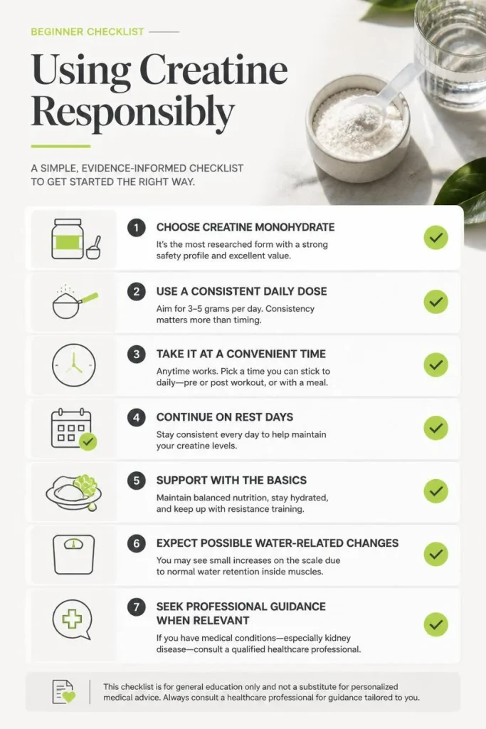 Practical checklist showing the basic steps for using creatine as a beginner