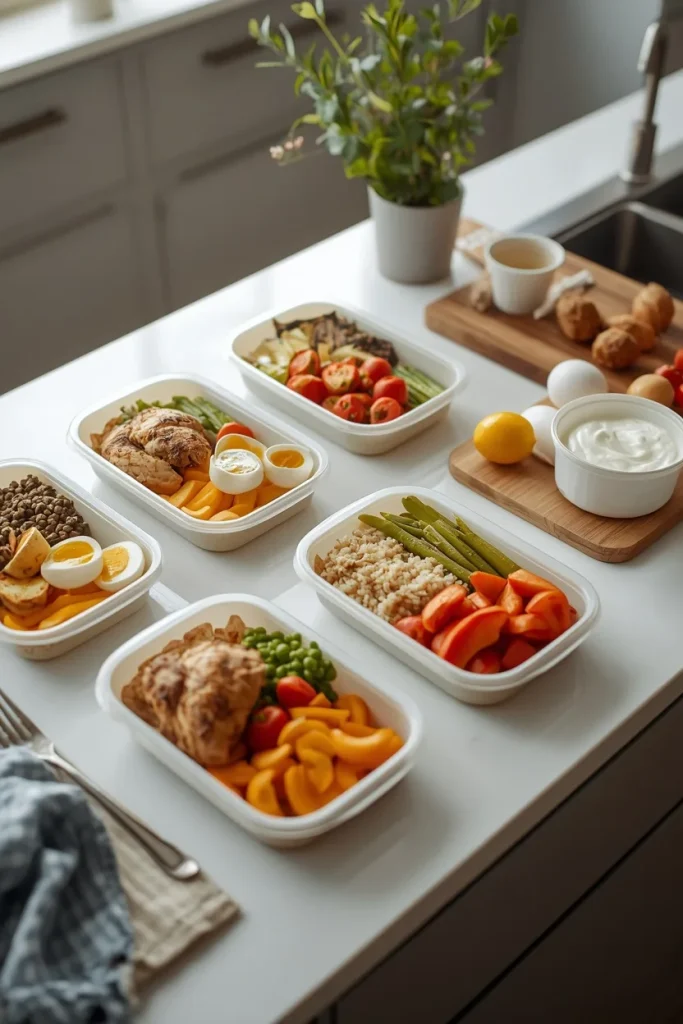 Protein-focused meal prep with chicken, lentils, rice, vegetables, boiled eggs, Greek yogurt and fresh fruit in reusable containers