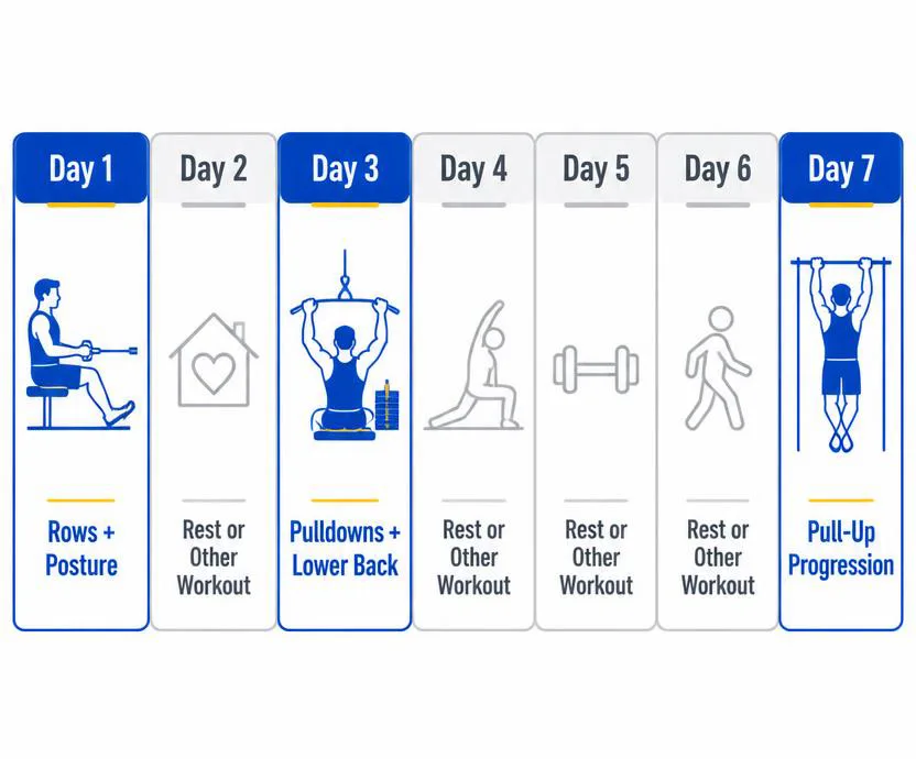 Seven-day home back-training schedule highlighting rows and posture on Day 1, pulldowns and lower-back exercises on Day 3, and pull-up progression on Day 7.