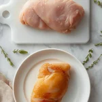 Side-by-side comparison of raw and cooked chicken breast illustrating the size and weight difference after cooking.