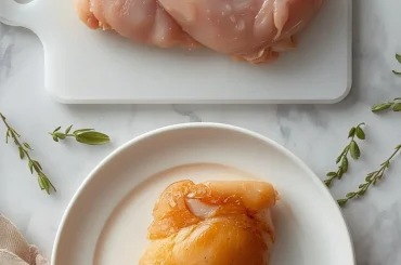 Side-by-side comparison of raw and cooked chicken breast illustrating the size and weight difference after cooking.