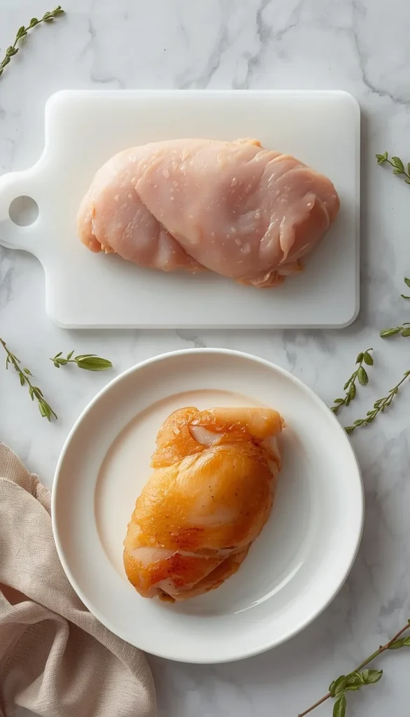 Side-by-side comparison of raw and cooked chicken breast illustrating the size and weight difference after cooking.