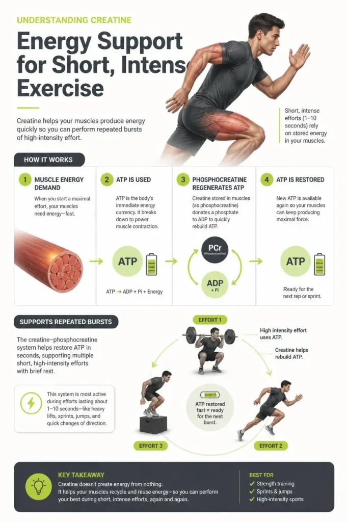 Simple infographic explaining how creatine supports rapid energy production during short intense exercise