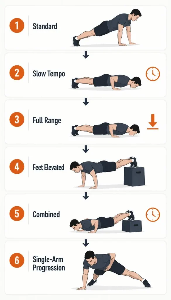 Six-stage progression diagram showing a push-up advancing from standard form through tempo, range, leverage, and unilateral modifications.
