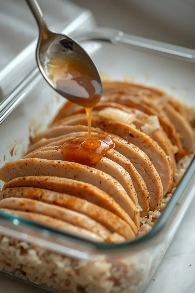 Sliced cooked chicken breast with broth being added in a meal-prep container to help retain moisture during storage.