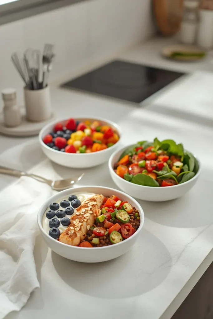 Three protein-and-fiber meal ideas Greek yogurt with berries and oats, chicken with roasted vegetables, and lentil salad.