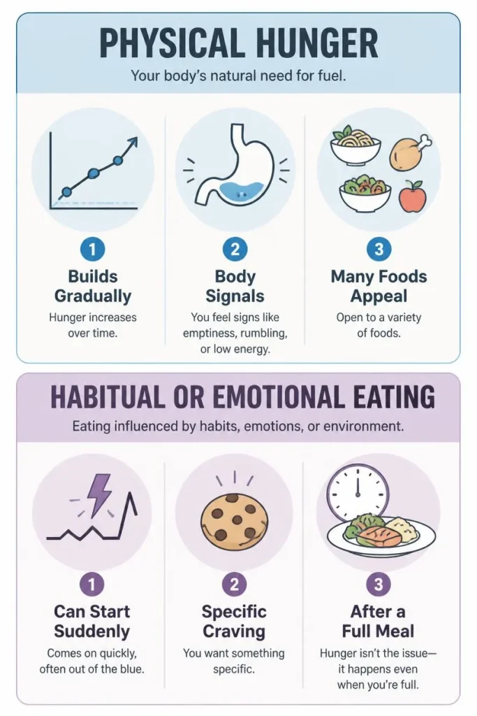 Vertical comparison infographic showing common signs of physical hunger, including gradual onset and openness to different foods, versus habitual or emotional eating cues, such as sudden cravings and eating soon aft