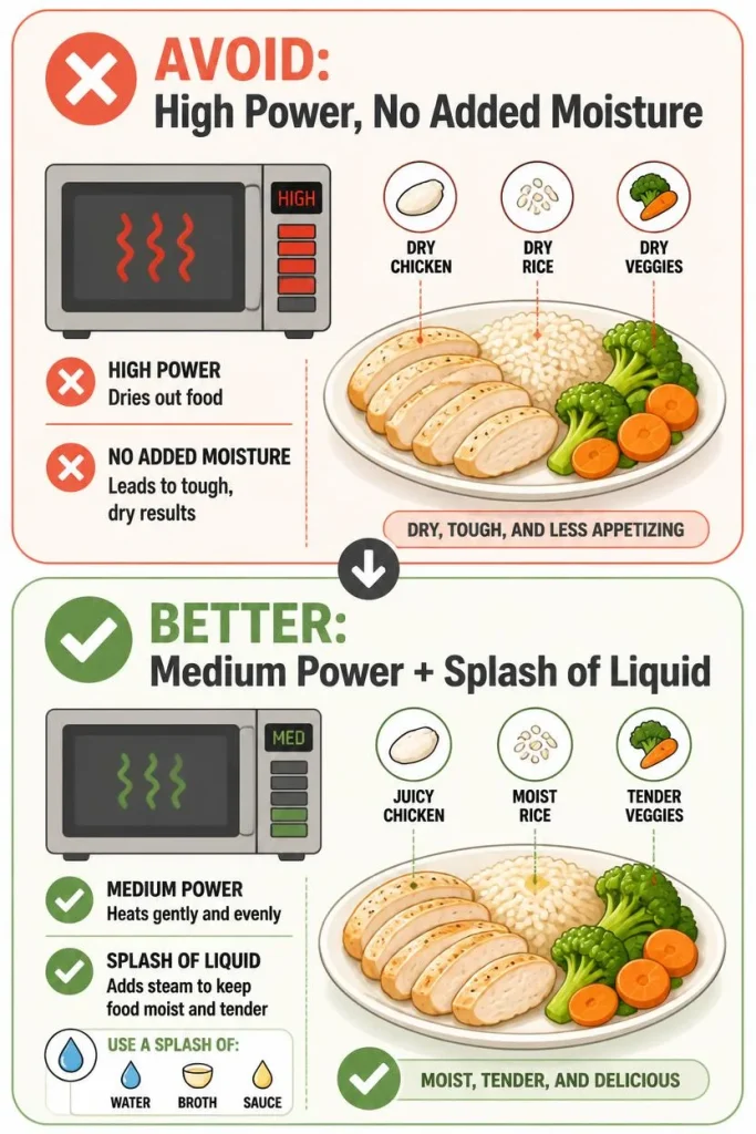 Keep Meal Prep From Drying Out: Vertical comparison infographic showing dry food reheated at high microwave power without added moisture versus moist food reheated at medium power with a splash of liquid.