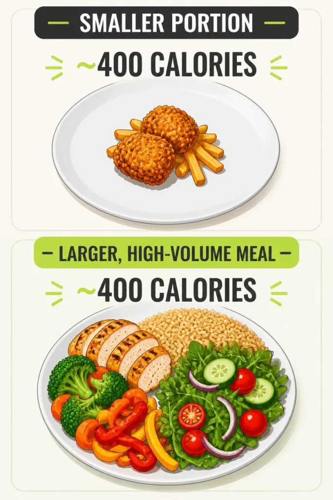 Vertical comparison infographic showing two approximately 400-calorie meals a small portion of energy-dense food and a larger meal containing vegetables, lean protein, and whole grains.