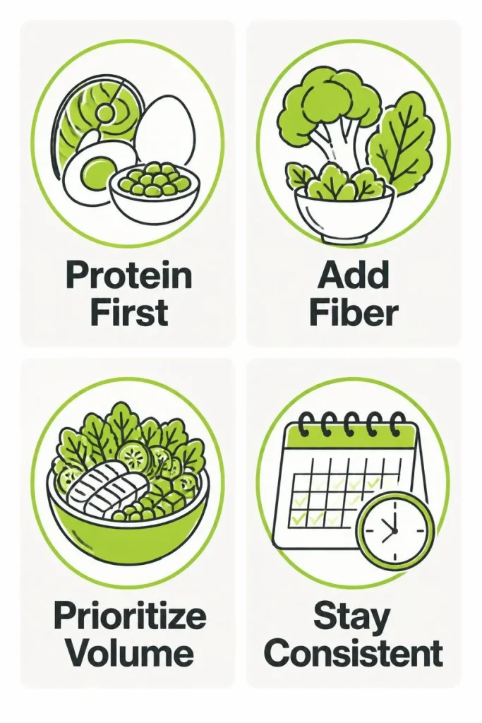 Vertical infographic showing four hunger-management strategies for fat loss prioritize protein, add fiber-rich foods, choose filling food volumes, and maintain consistent habits.