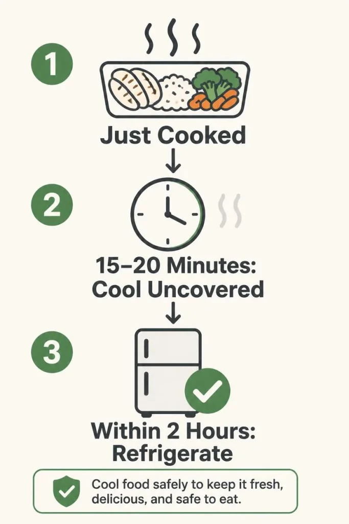 Vertical timeline infographic showing freshly cooked food, a brief uncovered cooling stage, and refrigeration within two hours.