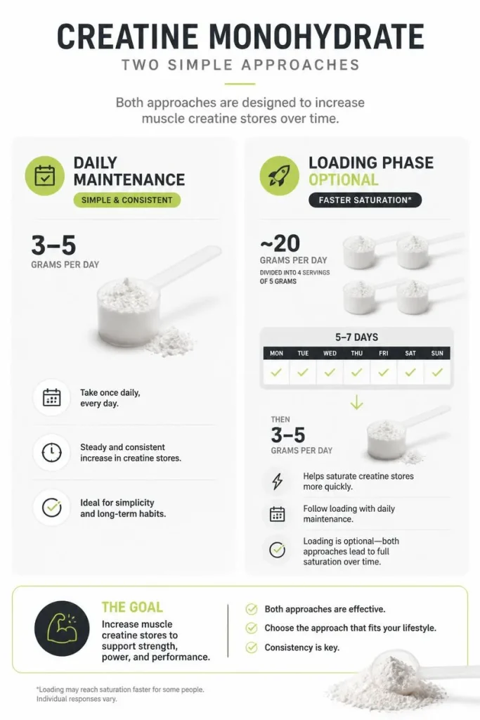Visual comparison of daily creatine maintenance dosing and optional loading phase