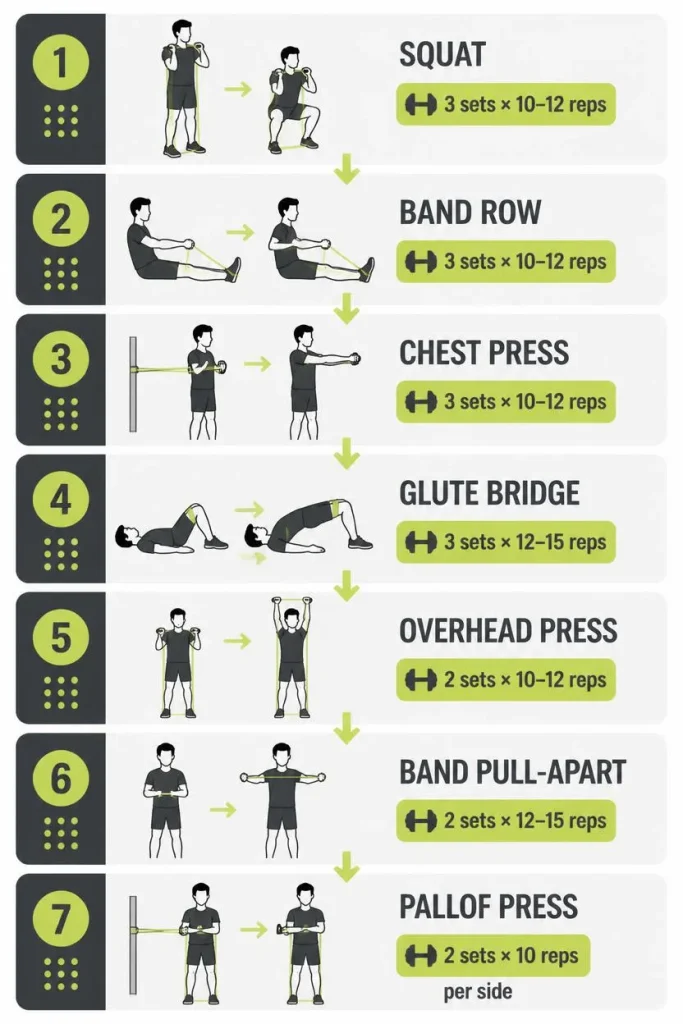 Flow diagram showing the seven-exercise full-body resistance band routine in order: squat, row, chest press, glute bridge, overhead press, pull-apart, and Pallof press.